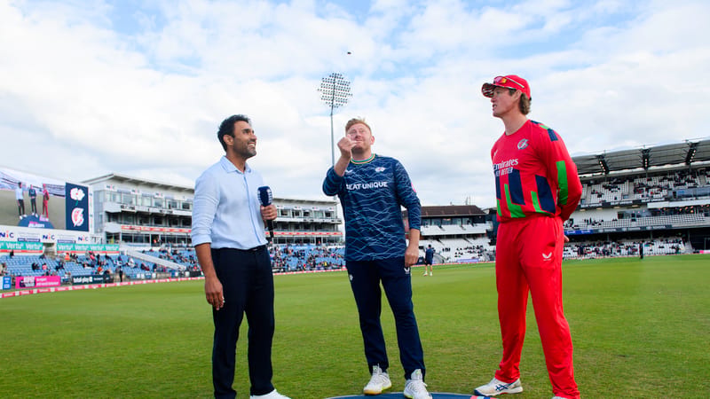 Picture by Allan McKenzie/SWpix.com - 05/06/2026 - Cricket - Vitality Blast - Yorkshire Vikings v Lancashire Lightning - Headingley Cricket Ground, Leeds, England - Yorkshire and Lancashire captains Jonny Bairstow and Keaton Jennings at the toss.
