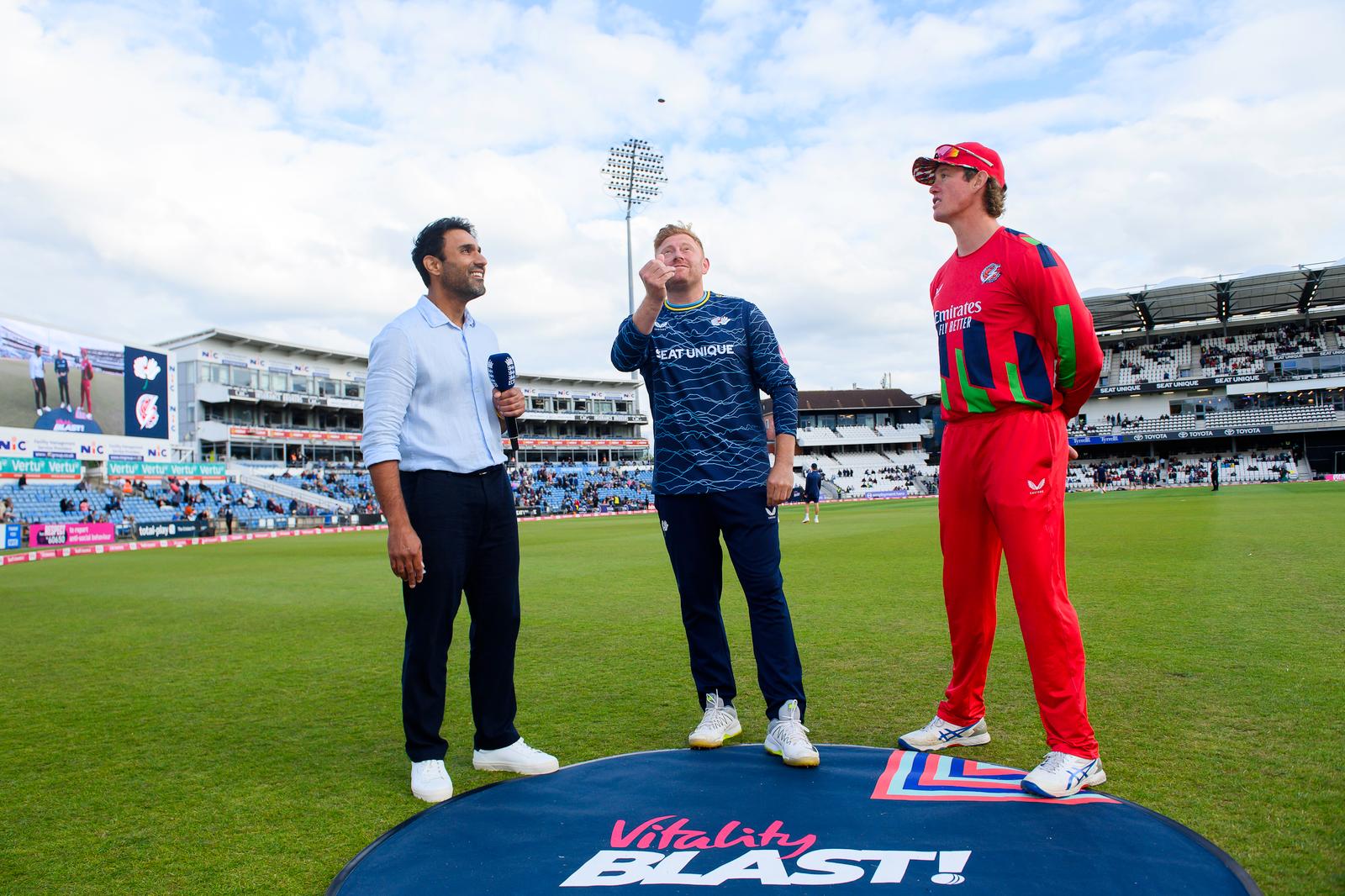 Picture by Allan McKenzie/SWpix.com - 05/06/2026 - Cricket - Vitality Blast - Yorkshire Vikings v Lancashire Lightning - Headingley Cricket Ground, Leeds, England - Yorkshire and Lancashire captains Jonny Bairstow and Keaton Jennings at the toss.